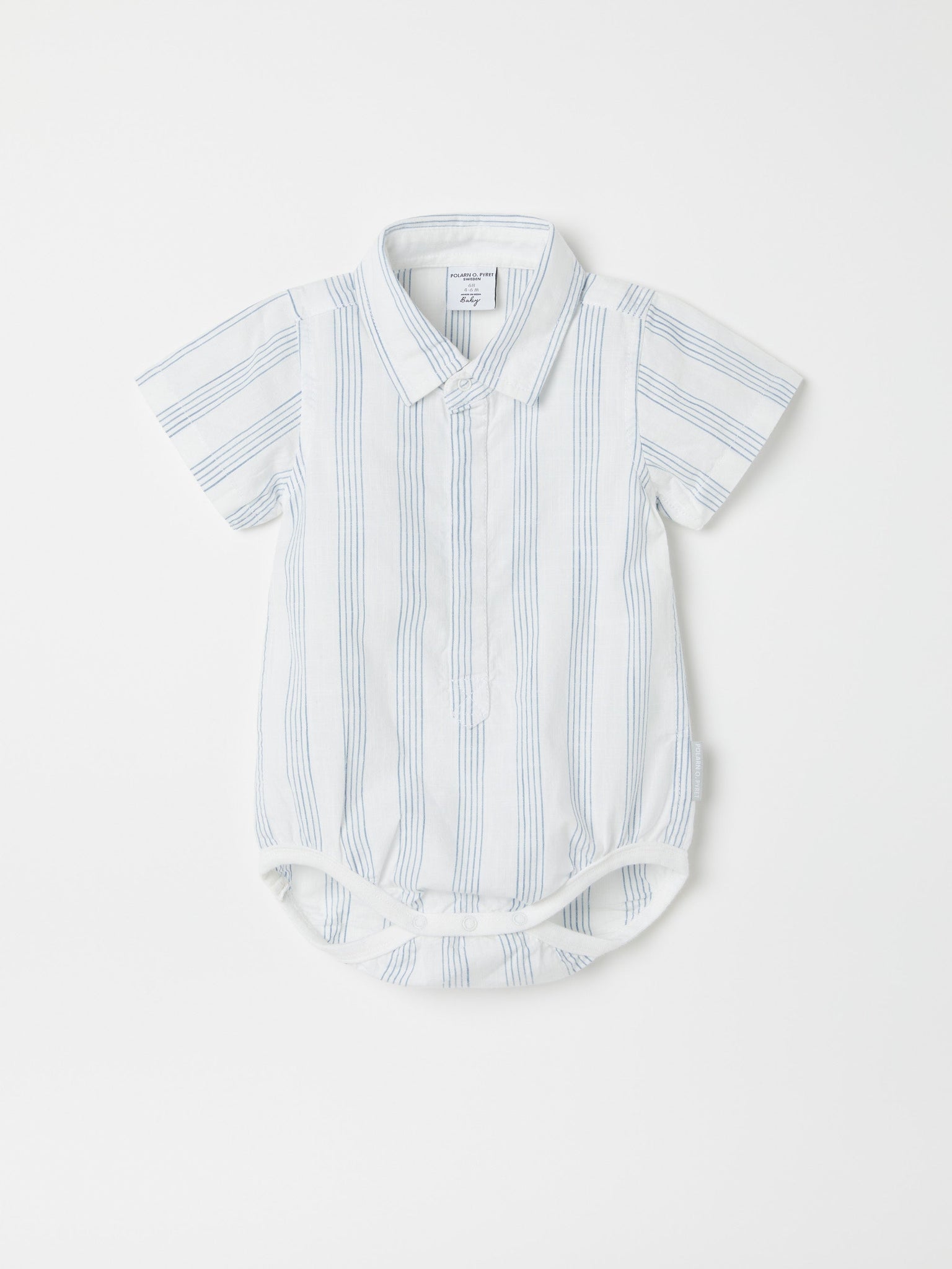 Organic Cotton Striped Collared Babygrow from the Polarn O. Pyret baby collection. Clothes made using sustainably sourced materials.