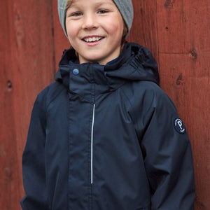 Boy wear 100% waterproof kids coat in navy accessories with grey merino beanie hat