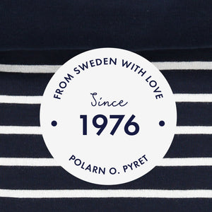 polarn o. pyret 1976 logo in navy and white stripe