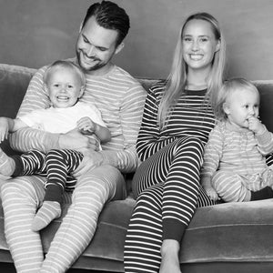family wearing PO.P classic top and leggings in stripe design