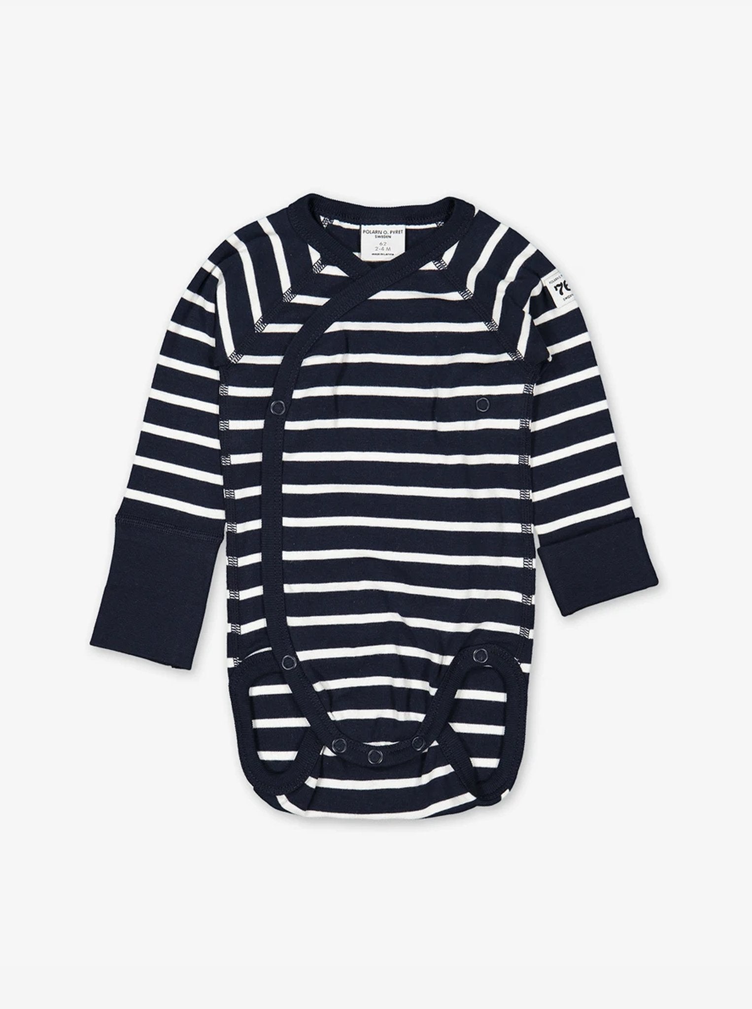 newborn babygrow navy stripes, ethical quality organic cotton, polarn o. pyret classic