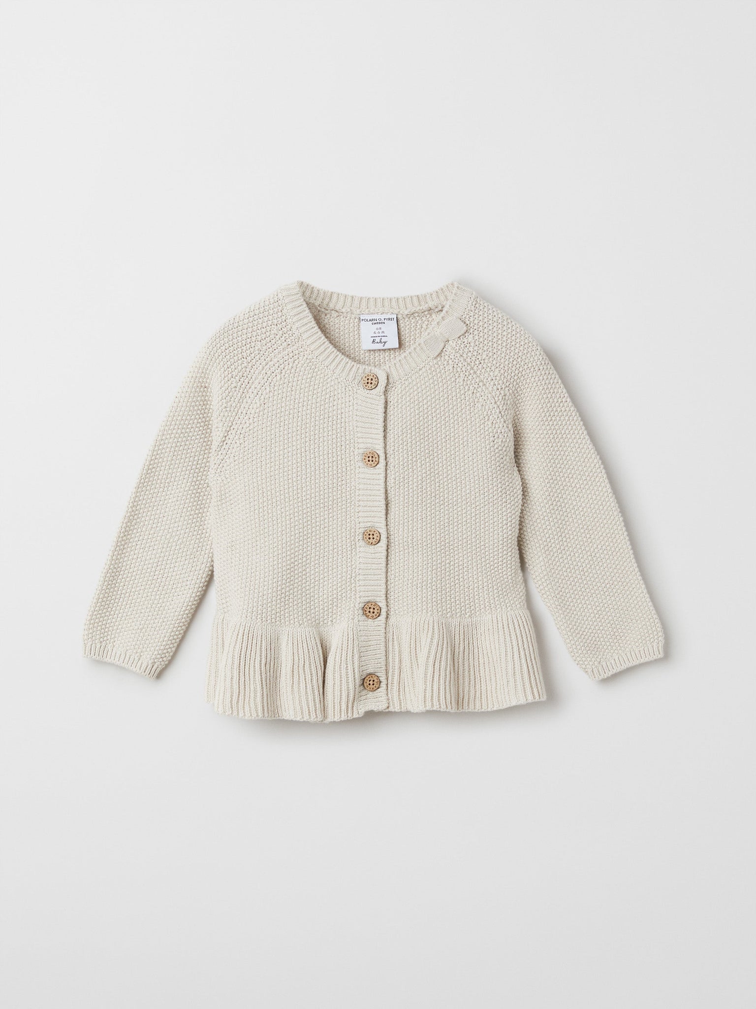 Organic Cotton Beige Baby Cardigan from the Polarn O. Pyret baby collection. Nordic baby clothes made from sustainable sources.