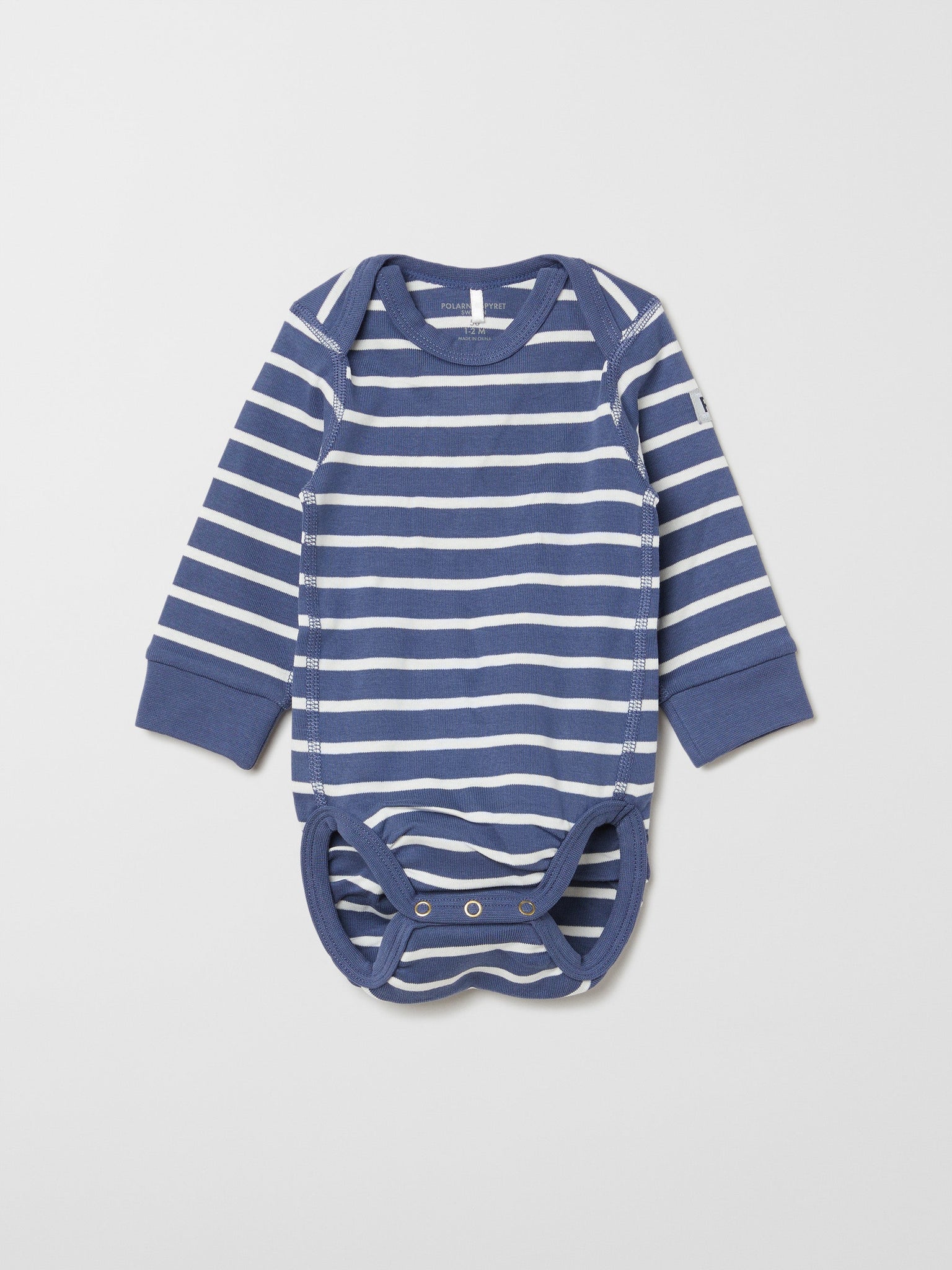 Blue Organic Cotton Babygrow from the Polarn O. Pyret baby collection. Nordic baby clothes made from sustainable sources.