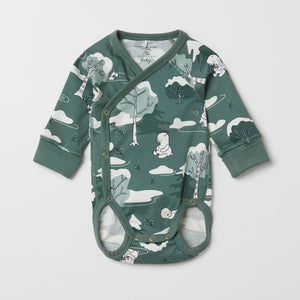 Green Forest Print Wraparound Babygrow from the Polarn O. Pyret baby collection. The best ethical baby clothes