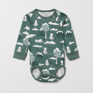 Green Forest Print Babygrow from the Polarn O. Pyret baby collection. Nordic baby clothes made from sustainable sources.