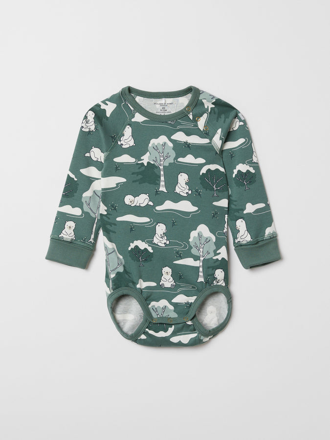 Green Forest Print Babygrow from the Polarn O. Pyret baby collection. Nordic baby clothes made from sustainable sources.