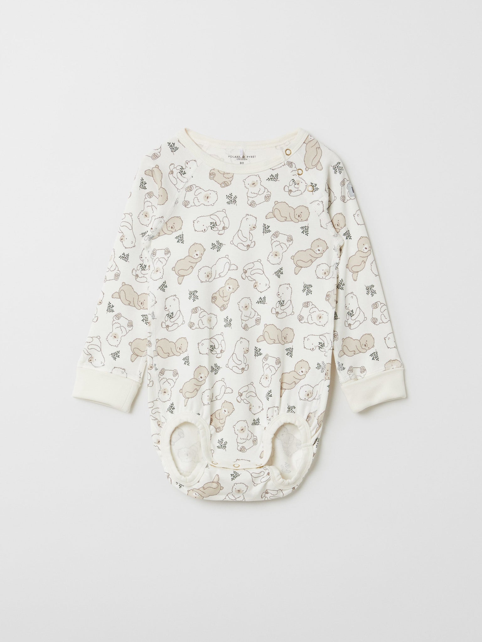 Bear Print Organic Cotton Babygrow from the Polarn O. Pyret baby collection. Nordic baby clothes made from sustainable sources.