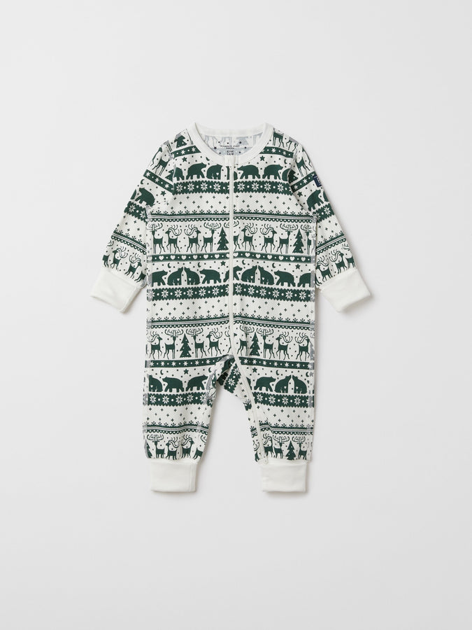 Reindeer Print Cotton Baby Sleepsuit from the Polarn O. Pyret baby collection. Nordic baby clothes made from sustainable sources.