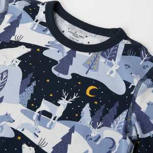 Blue Organic Kids Christmas Pyjamas from the Polarn O. Pyret kidswear collection. Clothes made using sustainably sourced materials.