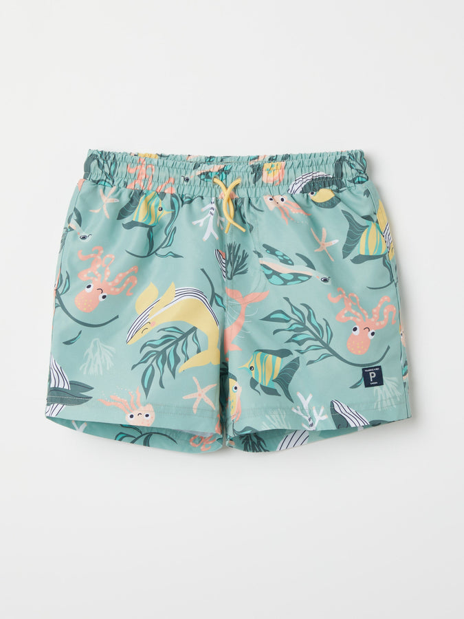 Sealife Print Kids Swim Shorts from the Polarn O. Pyret baby collection. Nordic kids clothes made from sustainable sources.