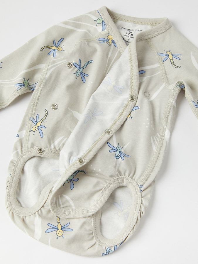 Dragonfly Print Wraparound Babygrow from the Polarn O. Pyret baby collection. Clothes made using sustainably sourced materials.