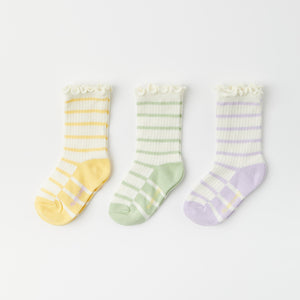 Three Pack Striped Kids Socks from the Polarn O. Pyret kidswear collection. Nordic kids clothes made from sustainable sources.