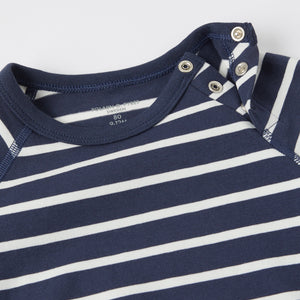 Navy Striped Babygrow from the Polarn O. Pyret baby collection. Nordic kids clothes made from sustainable sources.