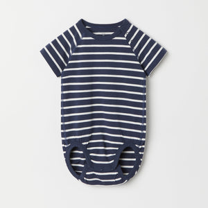 Navy Striped Babygrow from the Polarn O. Pyret baby collection. Nordic kids clothes made from sustainable sources.