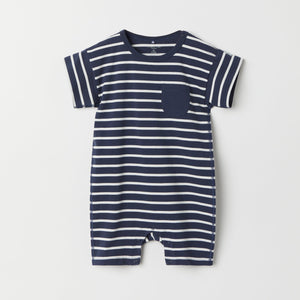 Navy Striped Organic Baby Romper from the Polarn O. Pyret baby collection. Clothes made using sustainably sourced materials.