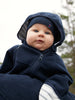 ethical Navy windproof fleece baby pramsuit, organic cotton lining and recycled polyester warmth, softness