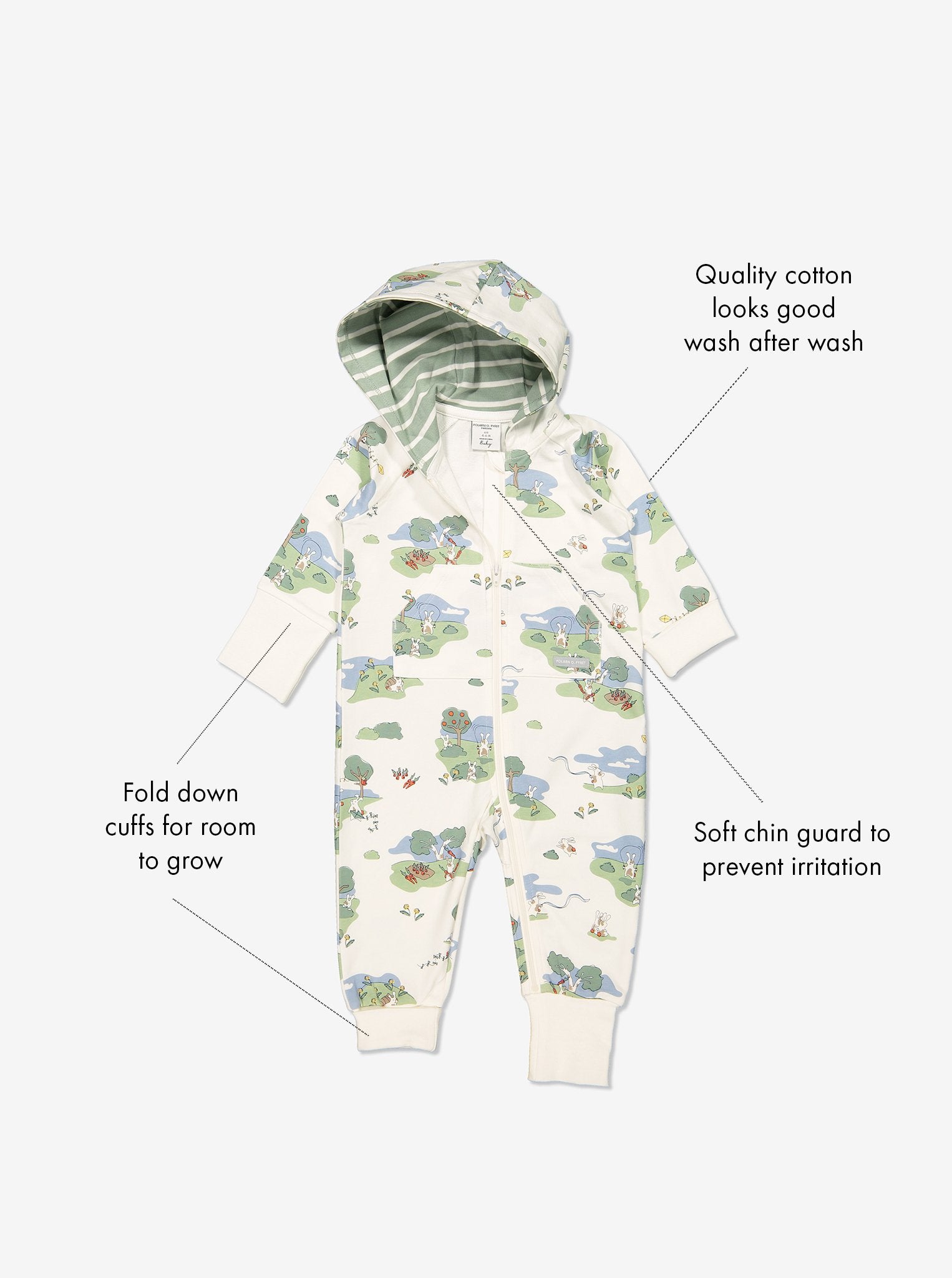 GOTS organic cotton baby all-in-one in a playful bunny print with text labels shown on the sides