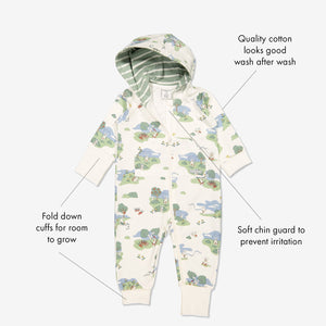GOTS organic cotton baby all-in-one in a playful bunny print with text labels shown on the sides