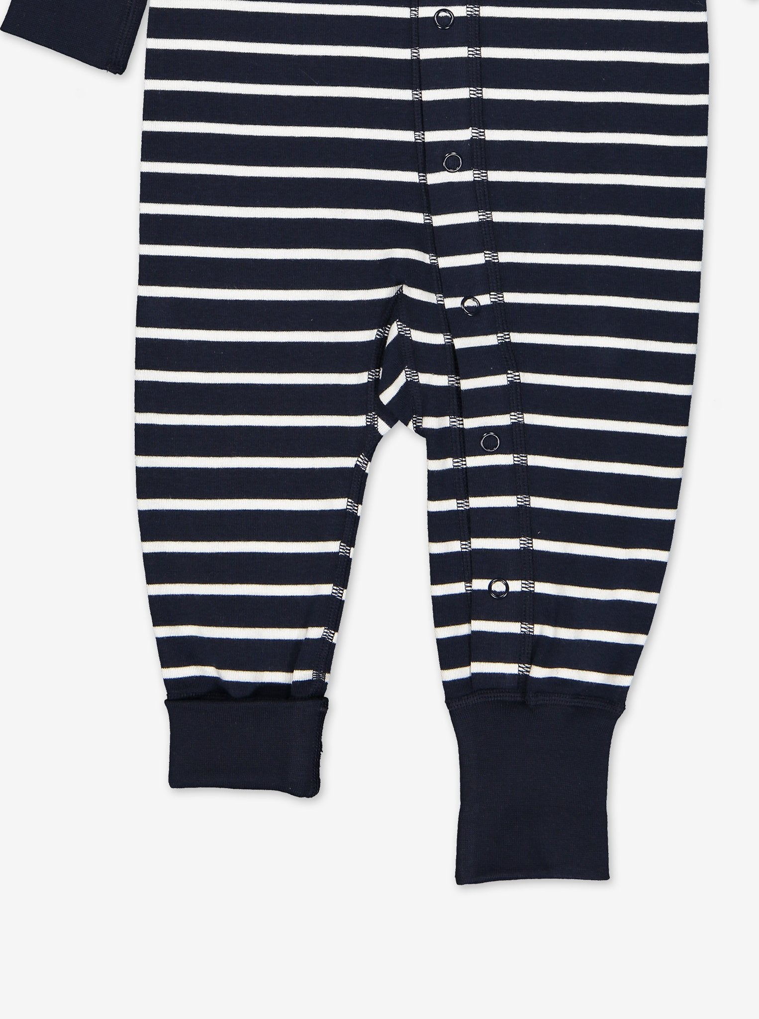 navy blue and white stripes baby all in one, ethical organic cotton, polarn o. pyret quality