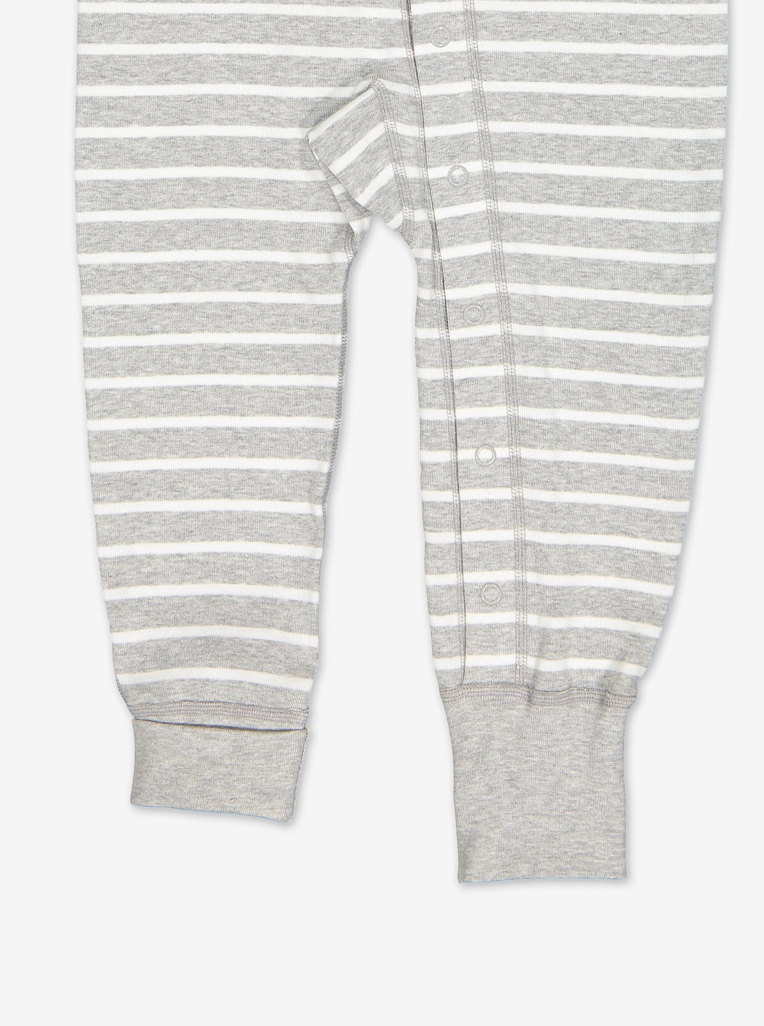 grey and white stripes baby all in one, ethical organic cotton, polarn o. pyret quality, showing poppers at the ankle.