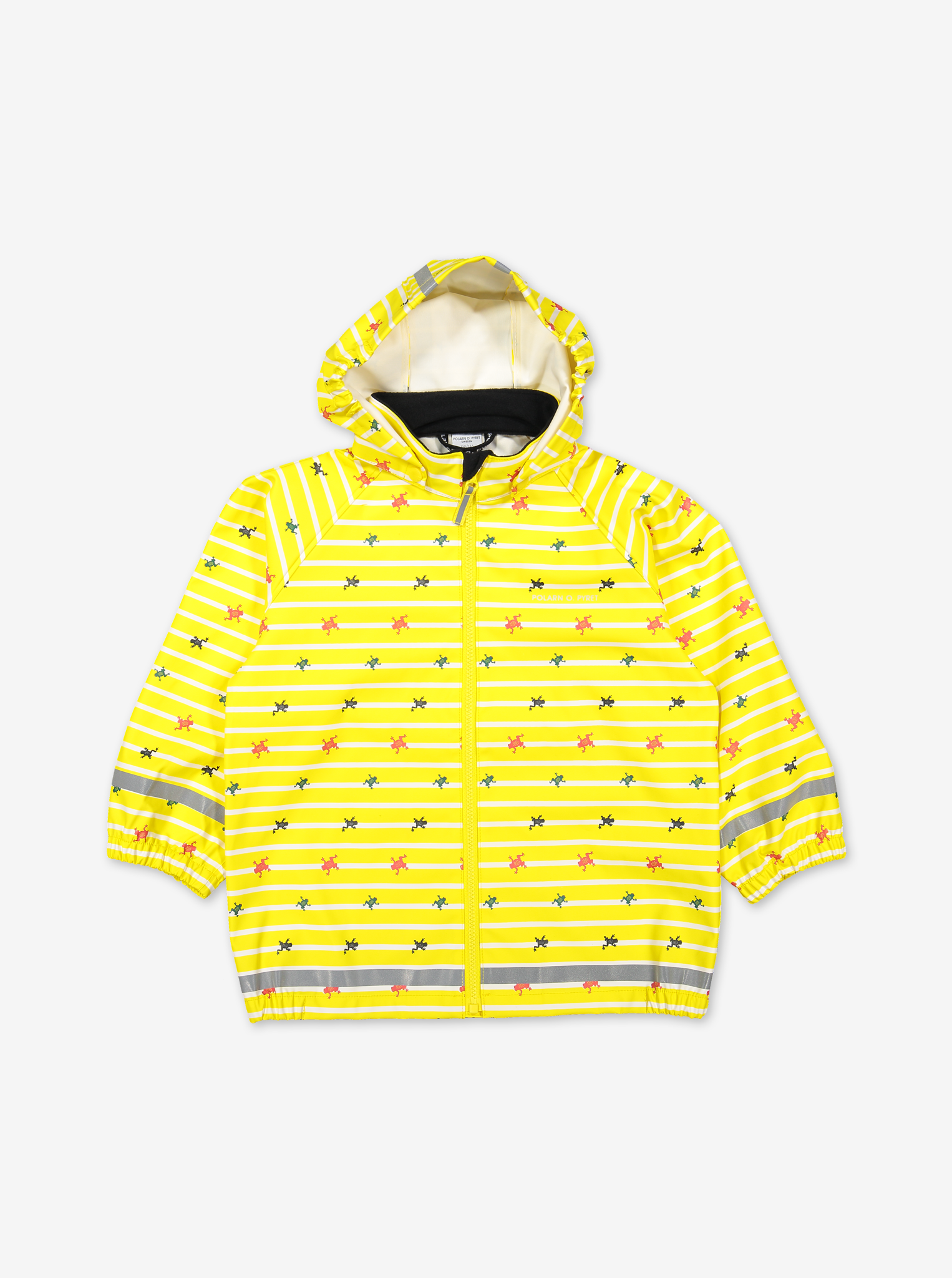Yellow raincoat for kids with frog & stripes pattern, made of polyester, comes with a detachable hood and elastic cuffs.