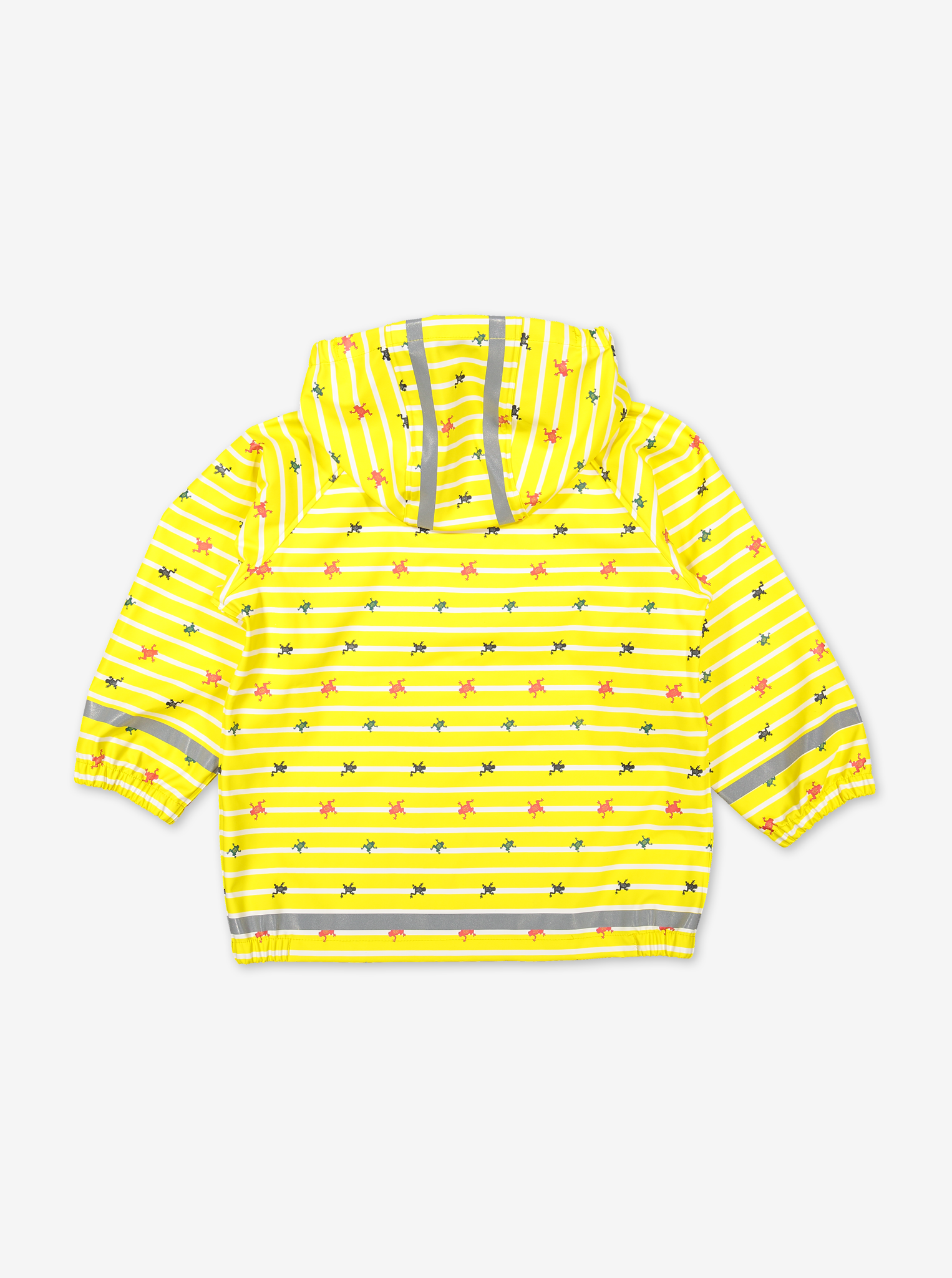 Back view of yellow raincoat for kids, made of polyester, with frog & stripes design, comes with a detachable hood.