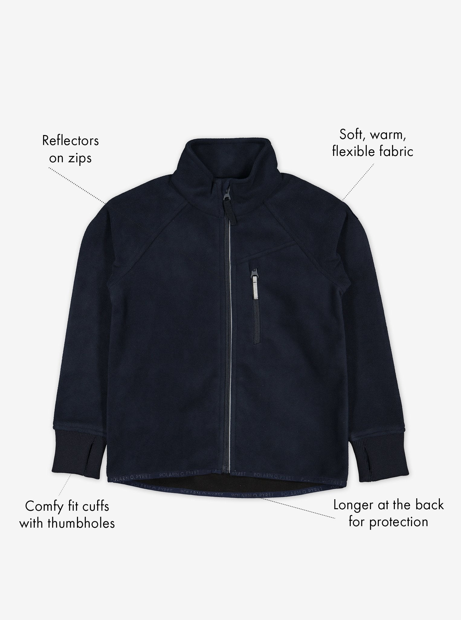 Kids navy waterproof fleece jacket, warm and breathable, high quality with functions