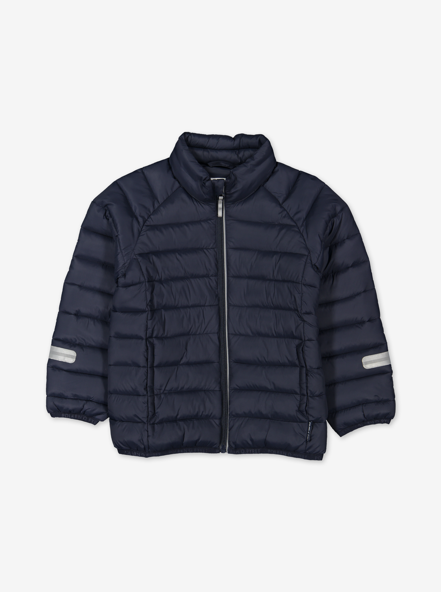 water resistant navy kids puffer jacket, recycled materials, warm and comfortable, ethical long lasting polarn o. pyret