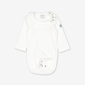 newborn white ruffled babygrow, sustainable ethical organic cotton, polarn o. pyret quality 