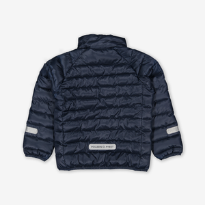 navy water resistant kids puffer jacket, recycled materials, warm and comfortable, ethical long lasting polarn o. pyret