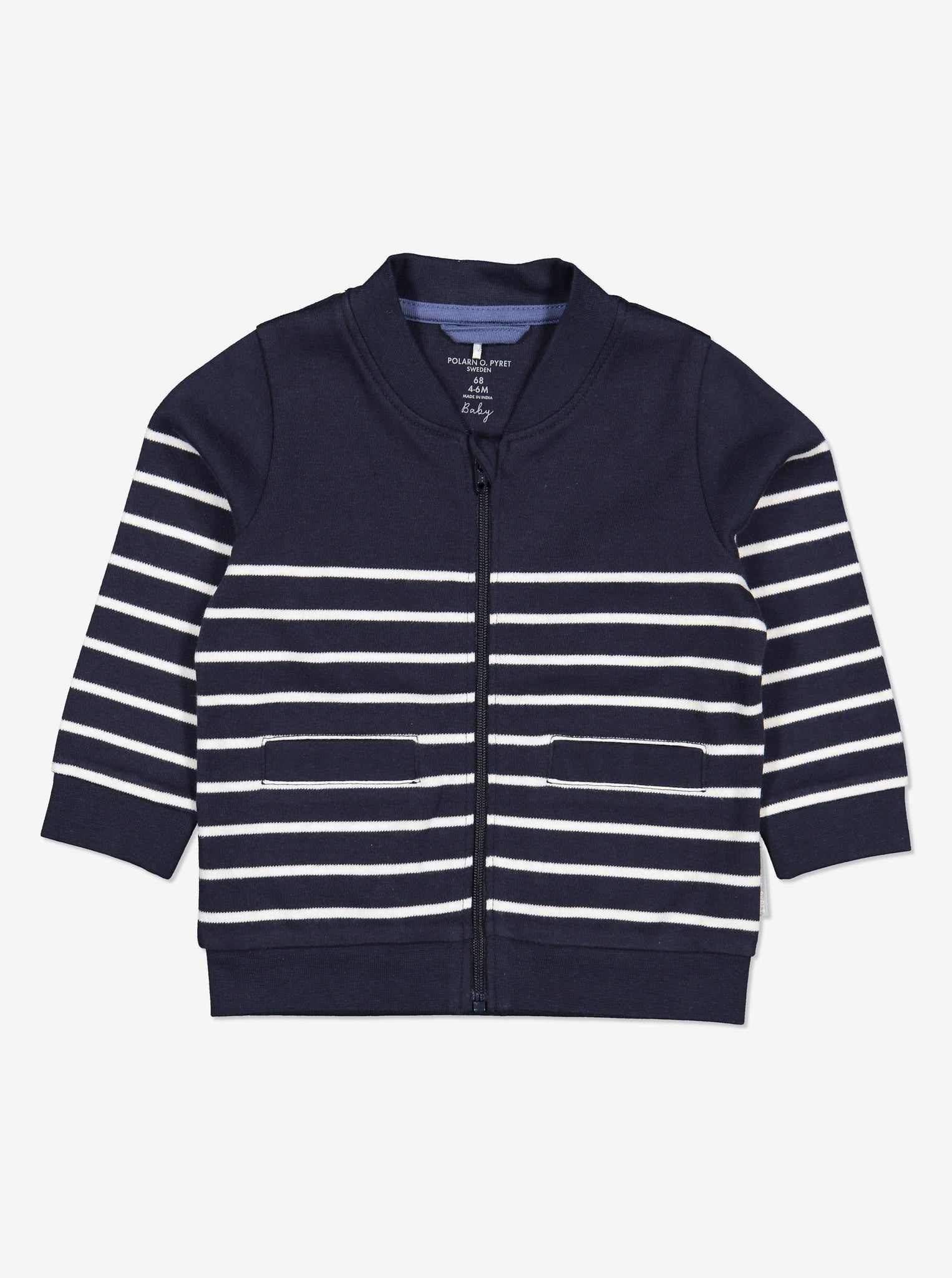 Navy and white striped sweatshirt for babies with front zip and two pockets. Made from 100% organic cotton.