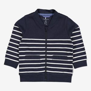 Navy and white striped sweatshirt for babies with front zip and two pockets. Made from 100% organic cotton.