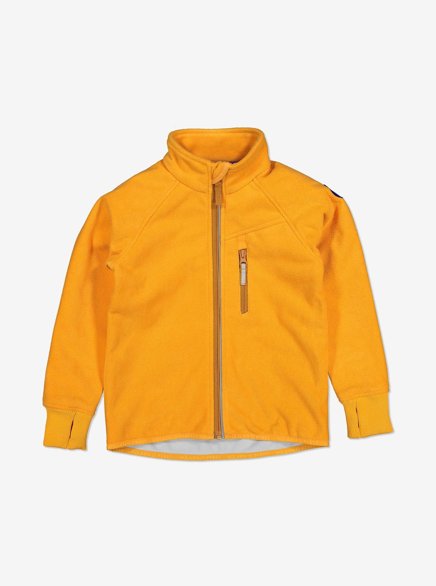 Yellow, kids waterproof fleece jacket with reflector zips and cuff thumbholes, made of breathable and soft fabric.