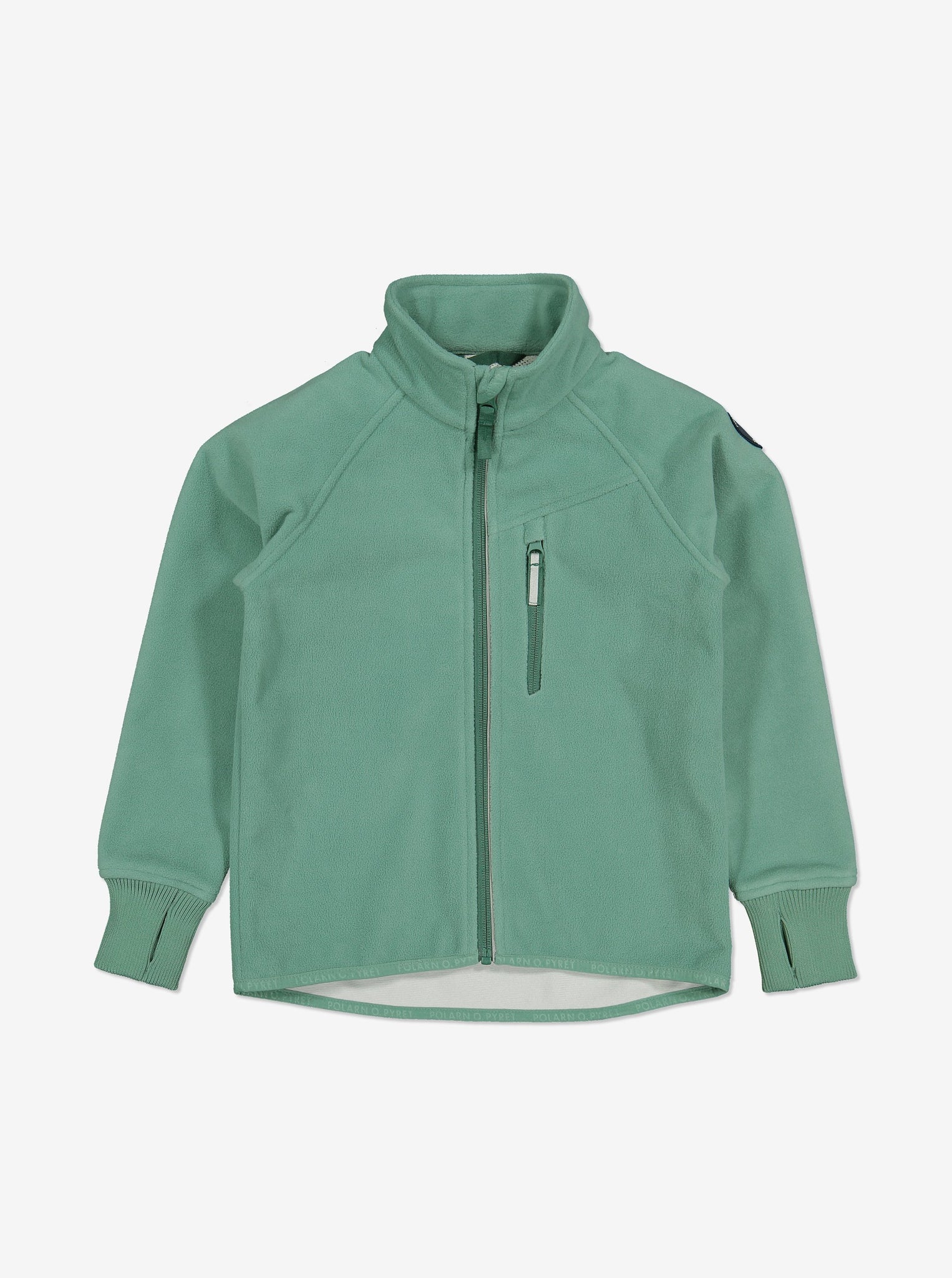 Green, kids waterproof fleece jacket, with reflectors on zips and cuff thumbholes, made of breathable and warm fabric.