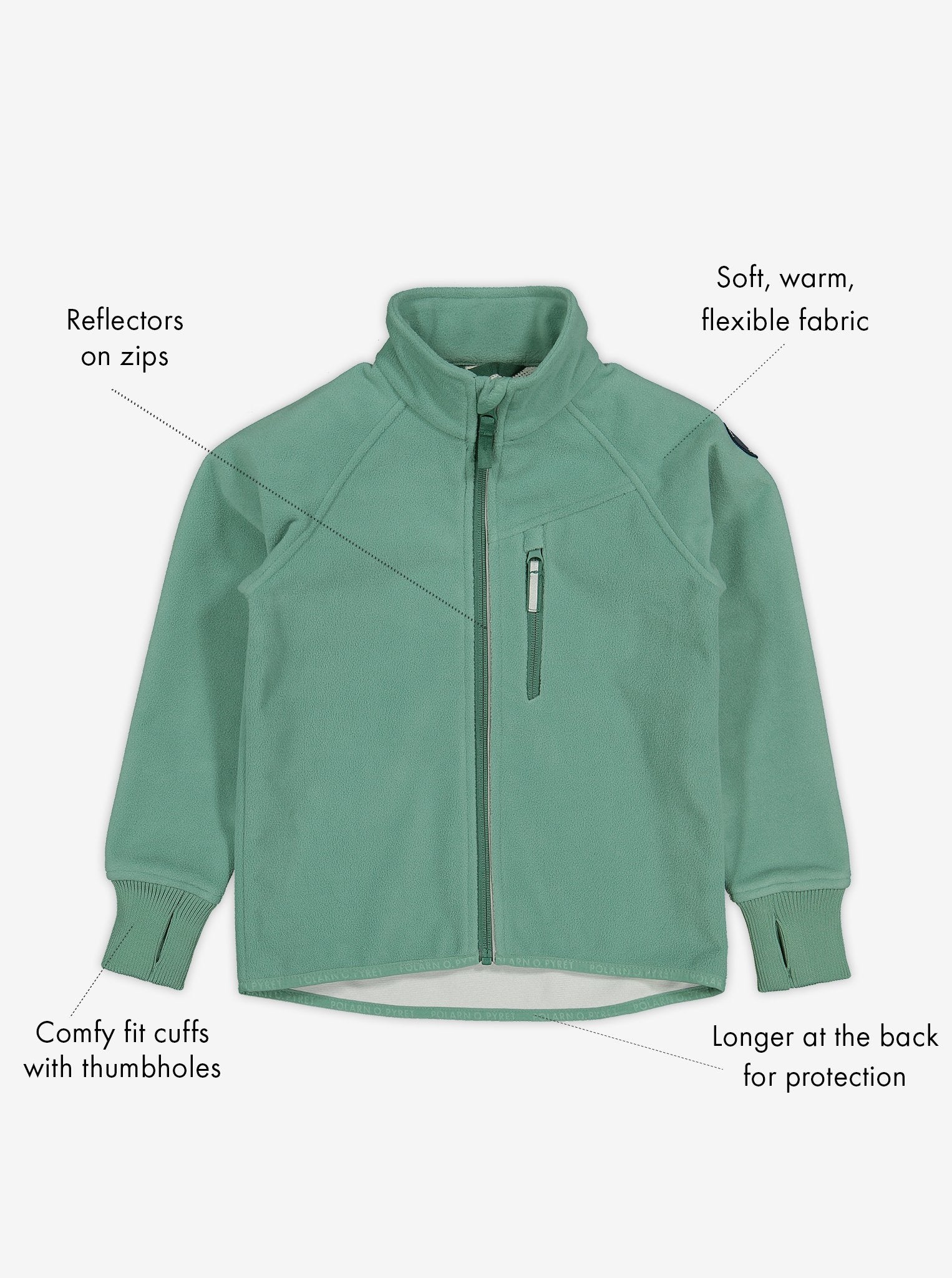 Green, kids waterproof fleece jacket with reflector on zips, cuffs with thumbholes. made of soft, warm and flexible fabric.