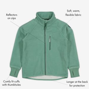Green, kids waterproof fleece jacket with reflector on zips, cuffs with thumbholes. made of soft, warm and flexible fabric.