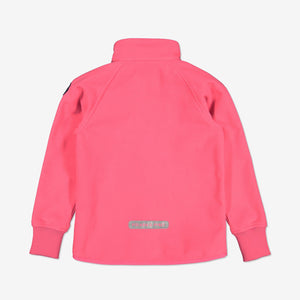 Back view of pink, kids waterproof fleece jacket with cuff thumbholes, reflector zips, made of soft and warm fabric.