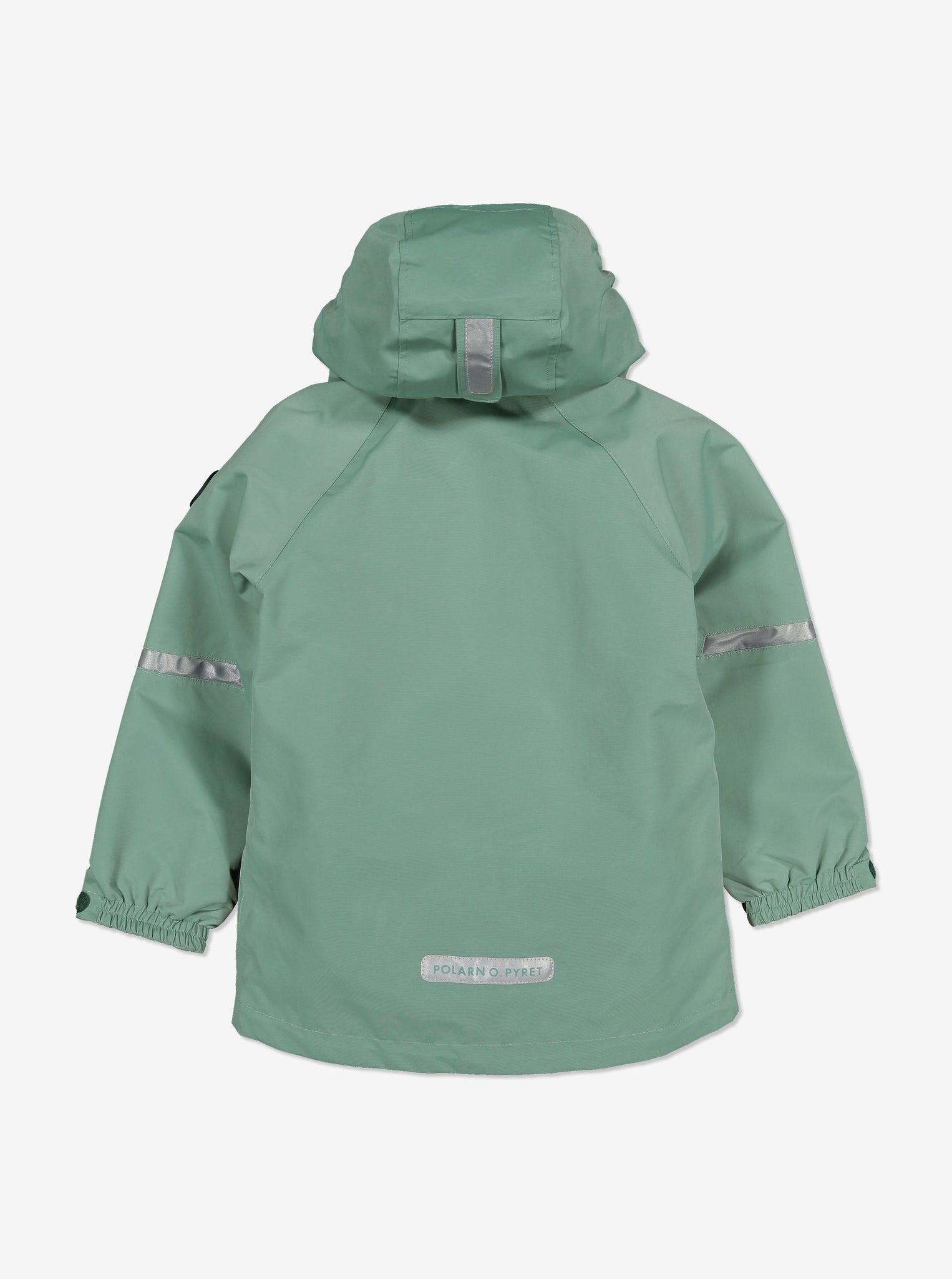 Back view of childrens waterproof jacket in colour green, comes with a detachable hood and silver reflectors.