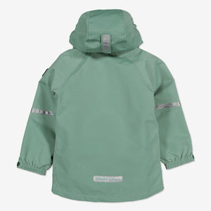 Back view of childrens waterproof jacket in colour green, comes with a detachable hood and silver reflectors.