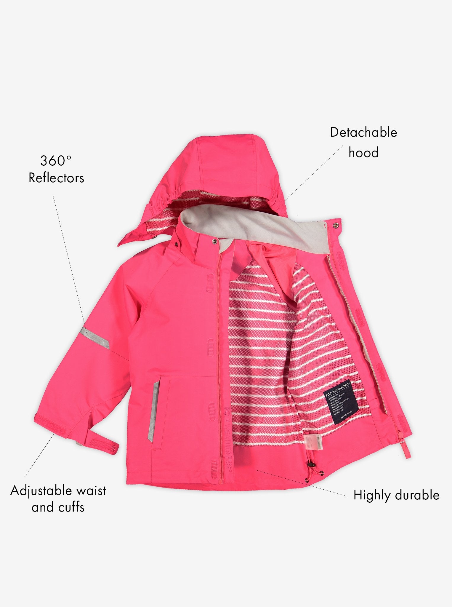 Pink, kids waterproof jacket with detachable hood, reflectors, adjustable waist and cuffs, made of durable shell fabric.