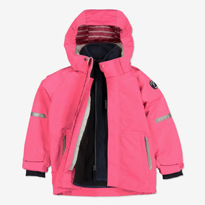 Pink, kids waterproof jacket made of shell fabric, comes with detachable hood, paired with a navy, kids fleece jacket.