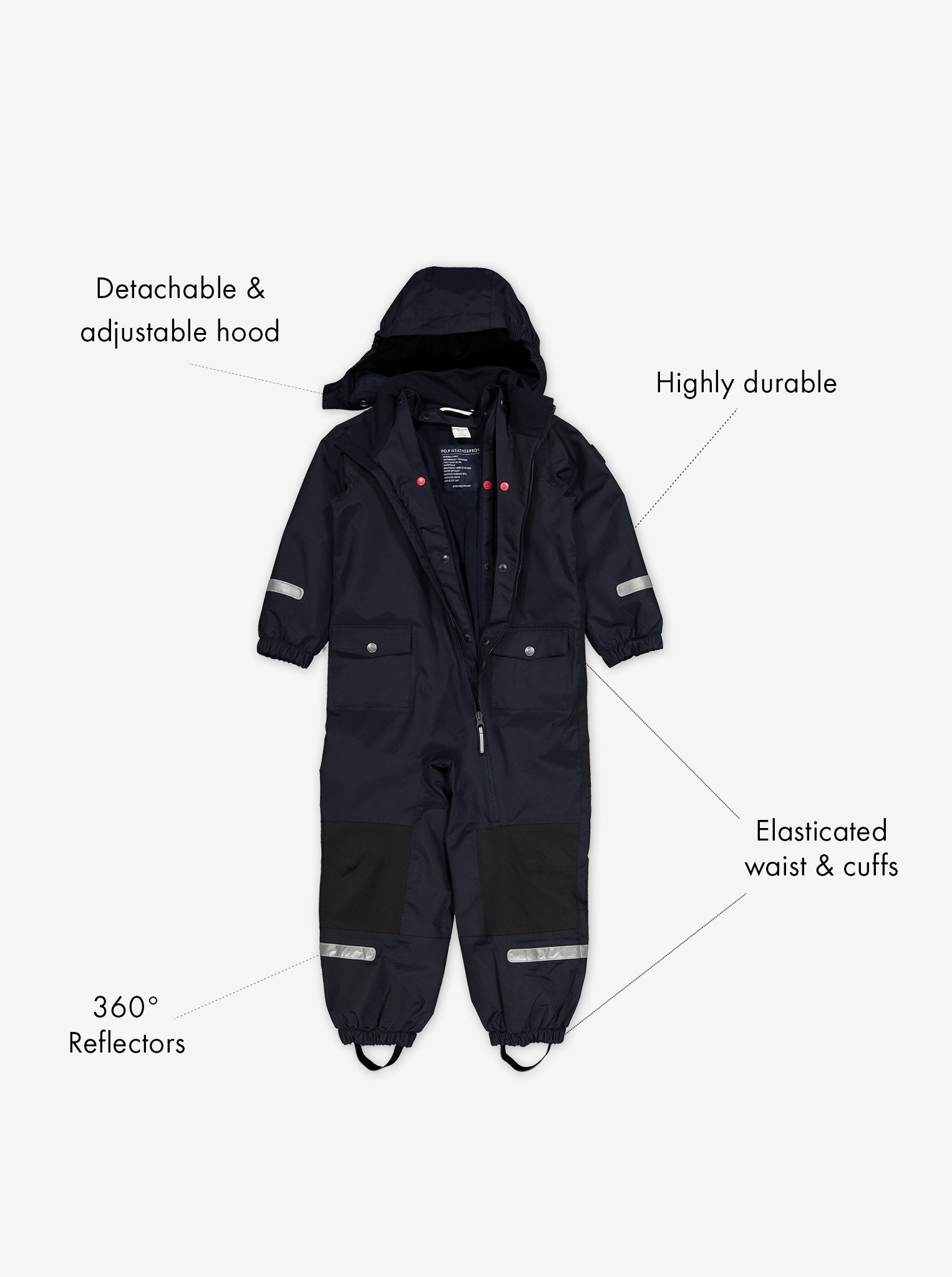 waterproof shell jumpsuit fleece lined, durable warm and comfortable, ethical long lasting polarn o. pyret showing functions 