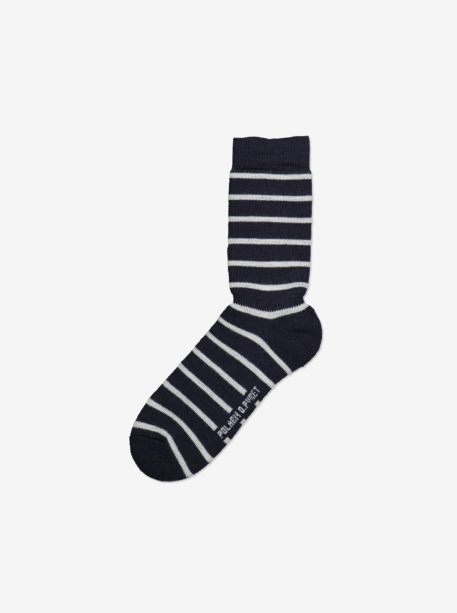 Unisex navy and white striped wool kids socks with terry loop construction and all-around thickness for warmth and comfort,