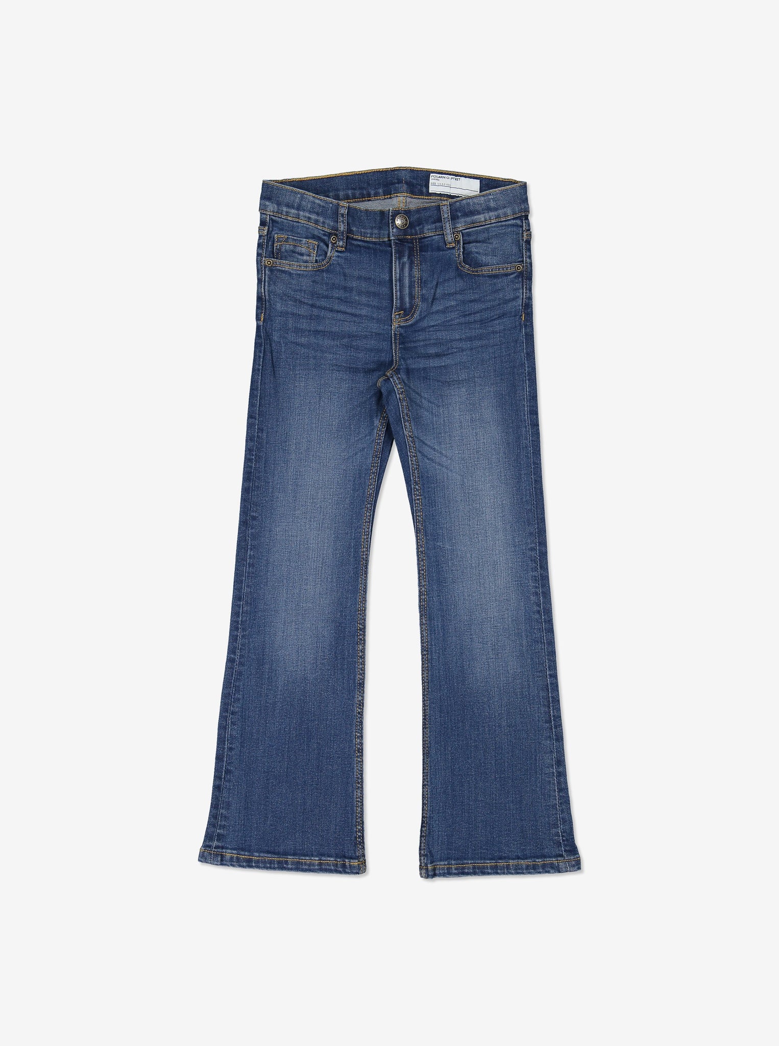 A pair of flared blue jeans for boys and girls with five pocket styling, signature PoP inverted metal rivets, adjustable waist and button and zip closure