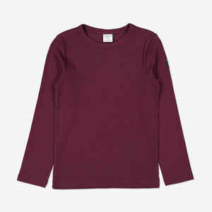 Front view of kids burgundy red top in soft organic cotton
