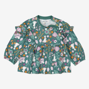 Woodland print top for baby girls with poppers on one shoulders for easy dressing, made from organic cotton fabric