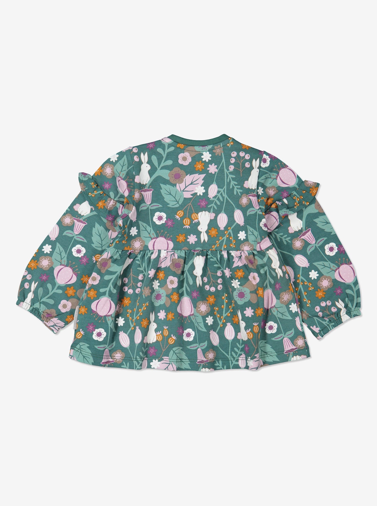 Back view woodland print top for baby girls with frilled shoulders, made from organic cotton fabric