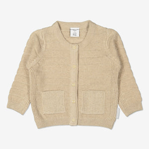 Unisex Beige Baby Cardigan in 100% organic cotton.  In a textured knit with front popper fastening and two small patch pockets.
