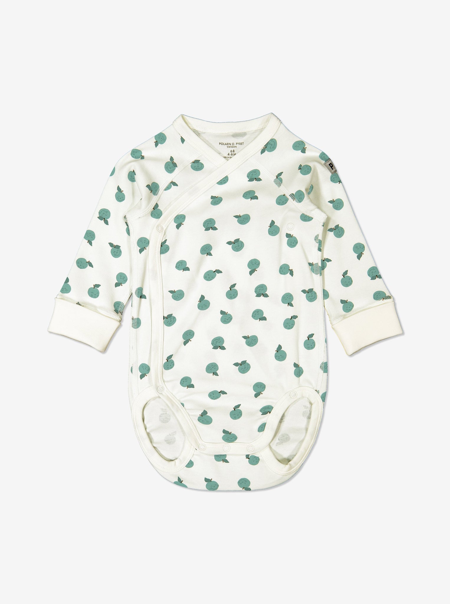 Apple print babygrow for newborn babies in a wraparound style, made from 100% organic cotton fabric
