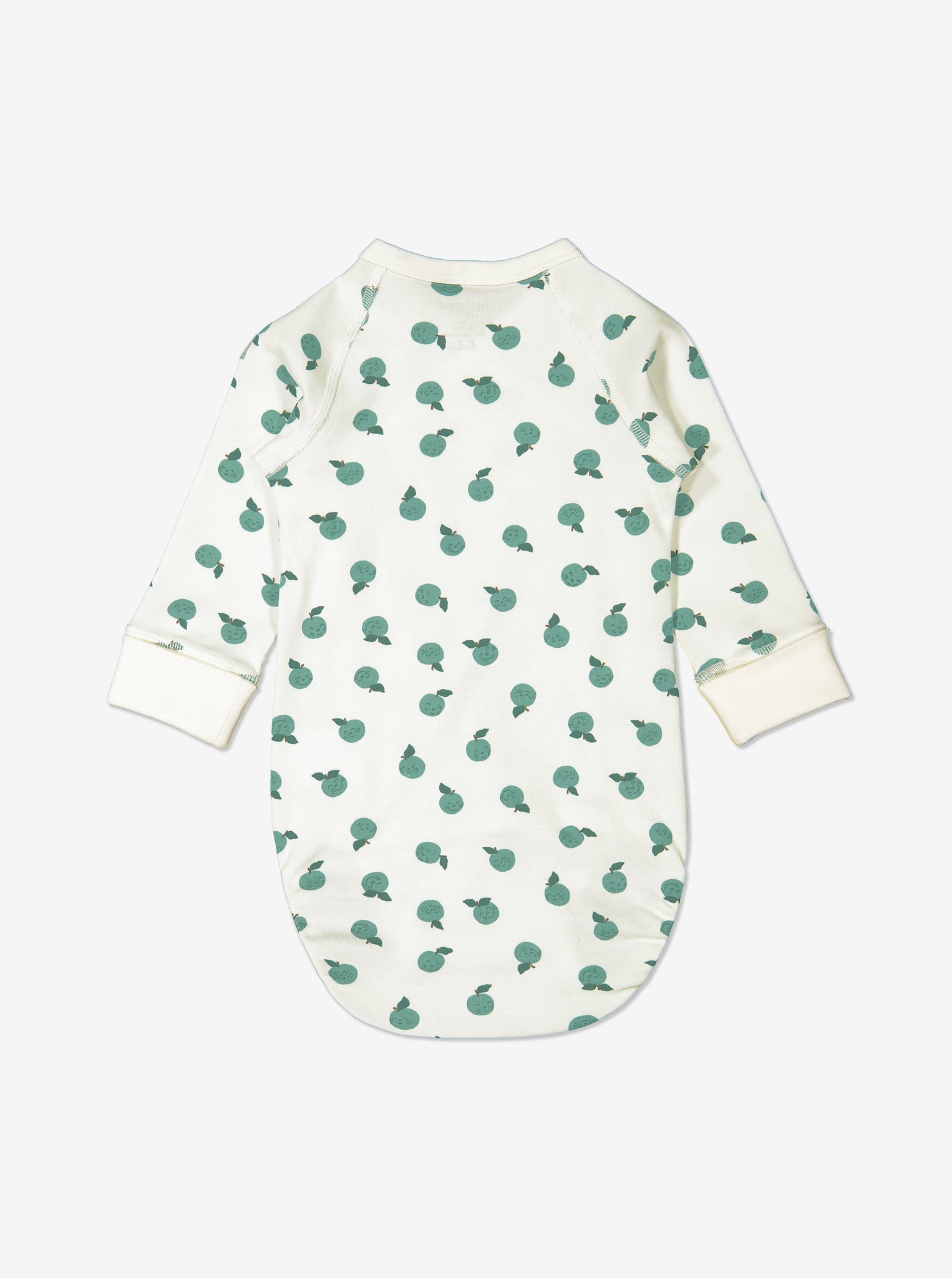 Back view of apple print babygrow for newborn babies in a wraparound style, made from 100% GOTS organic cotton fabric